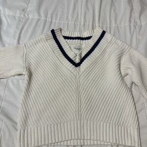 Abercrombie & Fitch White and Navy V-Neck Sweater